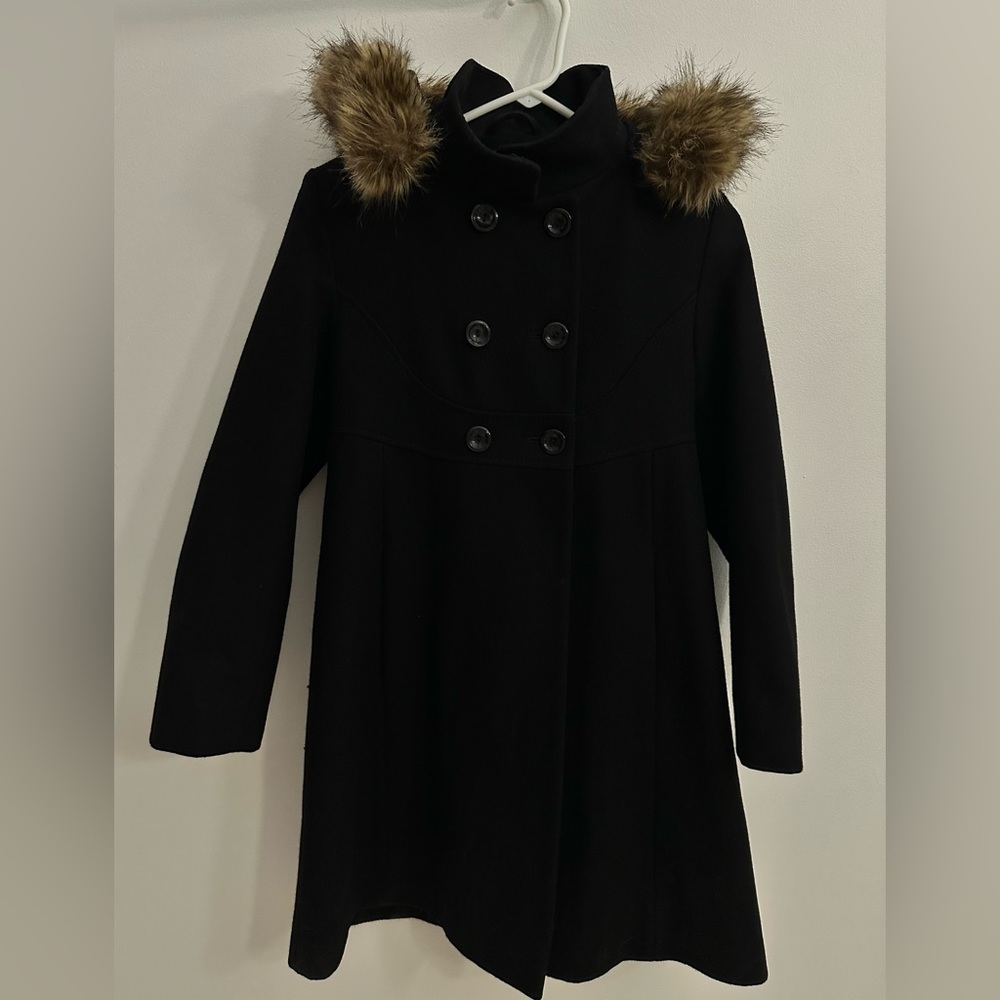 Rothschild Black Wool Coat Youth Size 14/Adult Size XS Faux Fur + Removable Hood